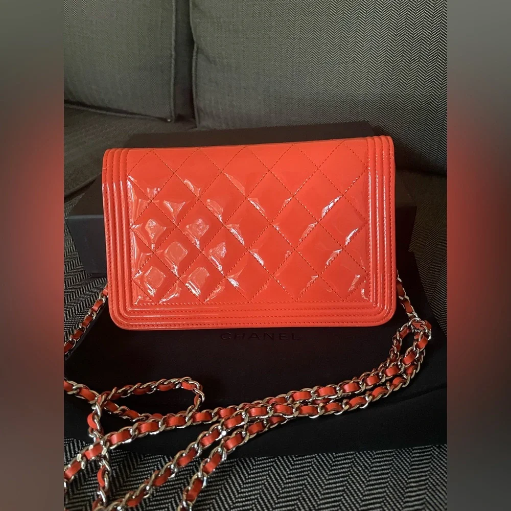CHANEL Orange Quilted Patent Leather Crossbody Bag